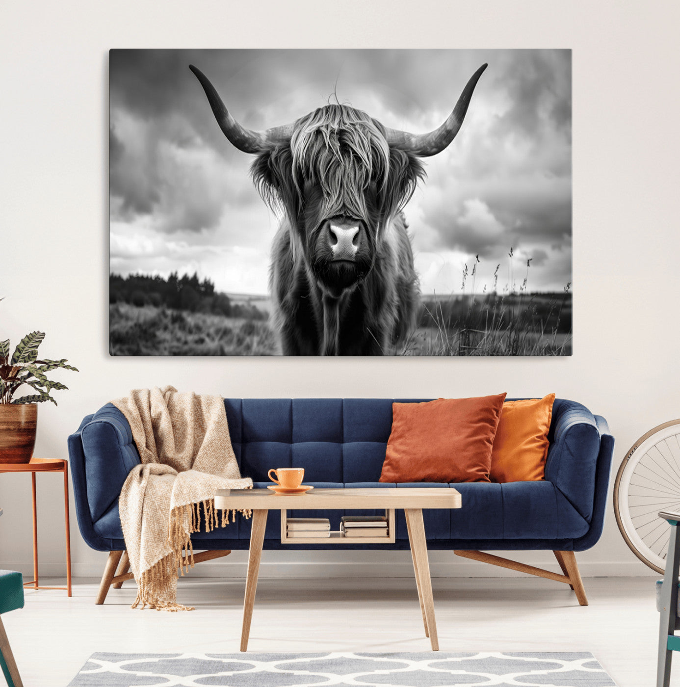 17924-MGV-CV-36X24-Highland Cow Wall Art – Black and White Rustic Longhorn Cattle Canvas Print, Farmhouse Animal Photography Decor for Country Home