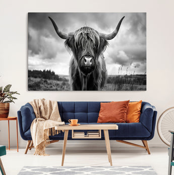 17924-MGV-CV-36X24-Highland Cow Wall Art – Black and White Rustic Longhorn Cattle Canvas Print, Farmhouse Animal Photography Decor for Country Home