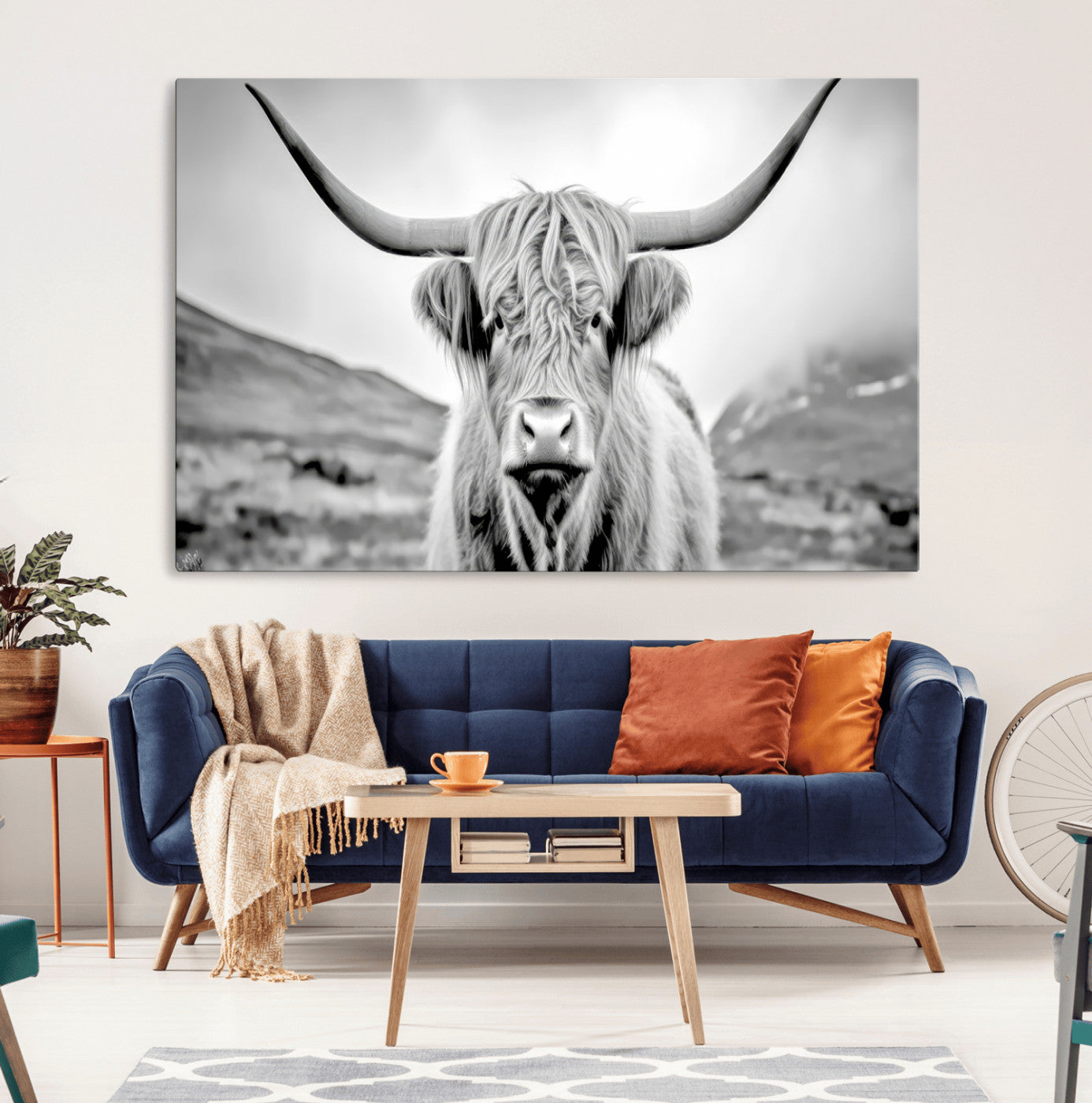 80564-MGV-CV-36X24-Highland Cow Wall Art – Black and White Scottish Highland Canvas Print, Rustic Farmhouse Decor for Living Room, Bedroom or Office