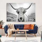80564-MGV-CV-36X24-Highland Cow Wall Art – Black and White Scottish Highland Canvas Print, Rustic Farmhouse Decor for Living Room, Bedroom or Office