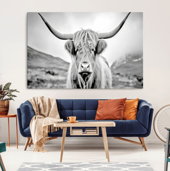 80564-MGV-CV-36X24-Highland Cow Wall Art – Black and White Scottish Highland Canvas Print, Rustic Farmhouse Decor for Living Room, Bedroom or Office
