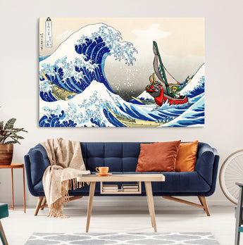 19450-MGV-CV-36X24-Great Wave Adventure Wall Art – Japanese Style Ocean Canvas Print, Fantasy Sailing Decor for Living Room, Bedroom or Office