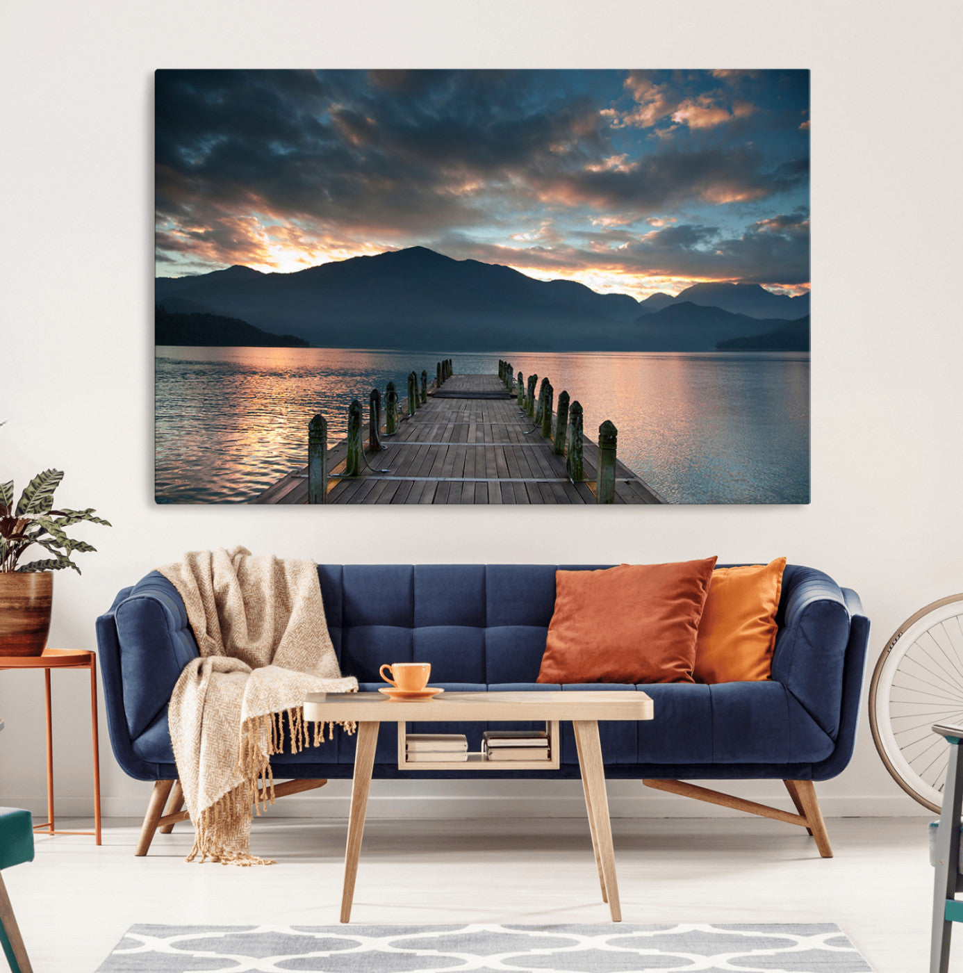 20442-MGV-CV-36X24-Lakeside Sunset Dock Wall Art – Peaceful Mountain Lake Canvas Print, Serene Nature Landscape Decor for Living Room, Bedroom or