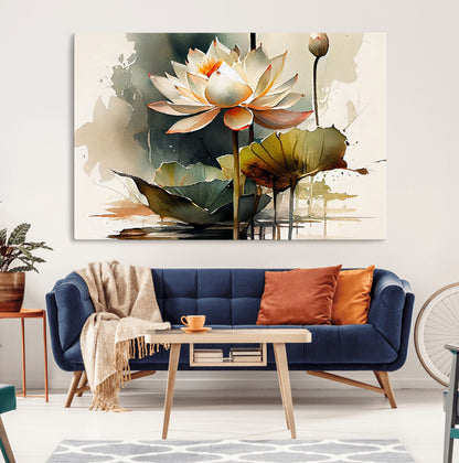 62531-MGV-CV-36X24-Lotus Flower Wall Art – Watercolor Botanical Canvas Print, Tranquil Nature Artwork for Living Room, Bedroom or Meditation Space