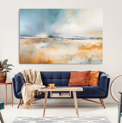 92764-MGV-CV-36X24-Abstract Landscape Wall Art – Modern Blue and Orange Canvas Print, Large Minimalist Painting for Living Room, Bedroom, Office or
