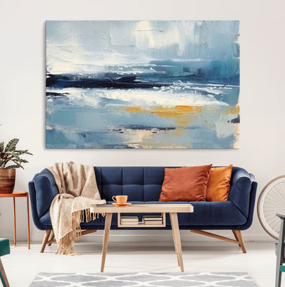 19746-MGV-CV-36X24-Abstract Ocean Wall Art – Modern Coastal Canvas Print with Blue, White and Gold Textures, Contemporary Seascape Painting for