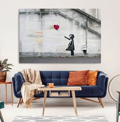 50559-MGV-CV-36X24-Banksy Girl with Balloon Wall Art – Famous Street Graffiti Canvas Print, Modern Urban Artwork for Living Room, Bedroom or Office