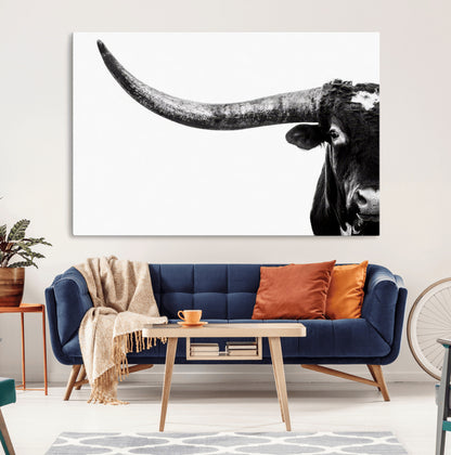31699-MGV-CV-36X24-Longhorn Wall Art – Black and White Texas Longhorn Cow Canvas Print, Rustic Western Farmhouse Artwork for Living Room, Bedroom or