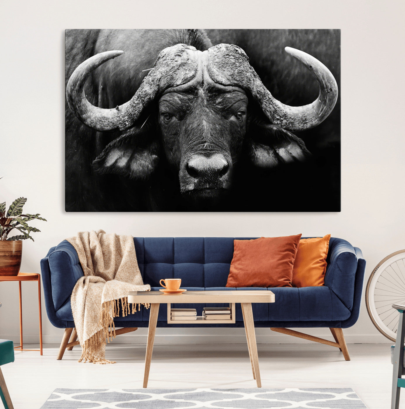 75273-MGV-CV-36X24-Buffalo Wall Art – Black and White African Buffalo Canvas Print, Rustic Wildlife Animal Artwork for Farmhouse, Living Room,