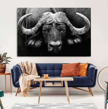 75273-MGV-CV-36X24-Buffalo Wall Art – Black and White African Buffalo Canvas Print, Rustic Wildlife Animal Artwork for Farmhouse, Living Room,