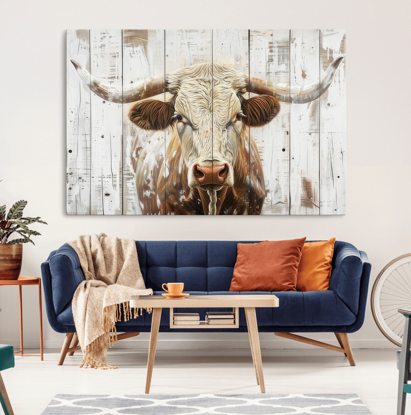 71551-MGV-CV-36X24-Longhorn Bull Wall Art – Rustic Western Cow Canvas Print, Farmhouse Animal Painting with Wood Plank Style for Living Room, Office