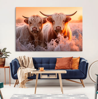 68253-MGV-CV-36X24-Highland Cow Wall Art – Rustic Farmhouse Cattle Canvas Print, Frosty Sunset Animal Artwork for Living Room, Bedroom or Country