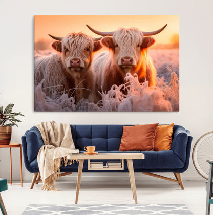 68253-MGV-CV-36X24-Highland Cow Wall Art – Rustic Farmhouse Cattle Canvas Print, Frosty Sunset Animal Artwork for Living Room, Bedroom or Country