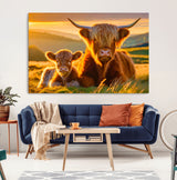 20567-MGV-CV-36X24-Highland Cow and Calf Wall Art – Rustic Farmhouse Sunset Cattle Canvas Print, Country Animal Artwork for Living Room, Bedroom, or