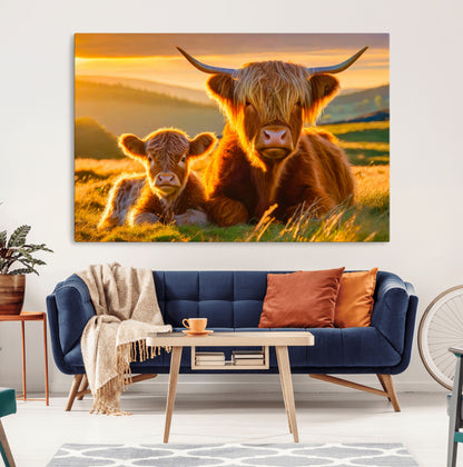 20567-MGV-CV-36X24-Highland Cow and Calf Wall Art – Rustic Farmhouse Sunset Cattle Canvas Print, Country Animal Artwork for Living Room, Bedroom, or