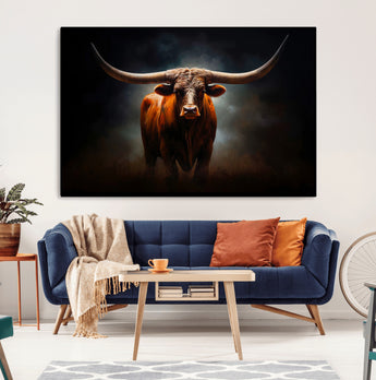 48896-MGV-CV-36X24-Texas Longhorn Wall Art – Rustic Western Bull Canvas Print and Farmhouse Cattle Painting for Living Room, Ranch, or Office Decor .