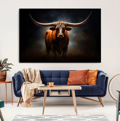 48896-MGV-CV-36X24-Texas Longhorn Wall Art – Rustic Western Bull Canvas Print and Farmhouse Cattle Painting for Living Room, Ranch, or Office Decor .