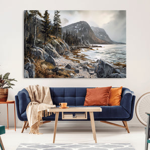 41281-MGV-CV-36X24-Rocky Shoreline Wall Art – Panoramic Mountain Coast and Forest Canvas Print, Rustic Nature Landscape Decor for Cabin, Lodge, or