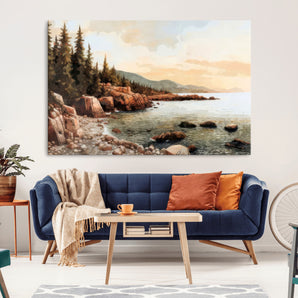 77145-MGV-CV-36X24-Coastal Landscape Wall Art – Panoramic Rocky Shoreline and Pine Trees Canvas Print, Rustic Nature Decor for Cabin, Lodge, Office,