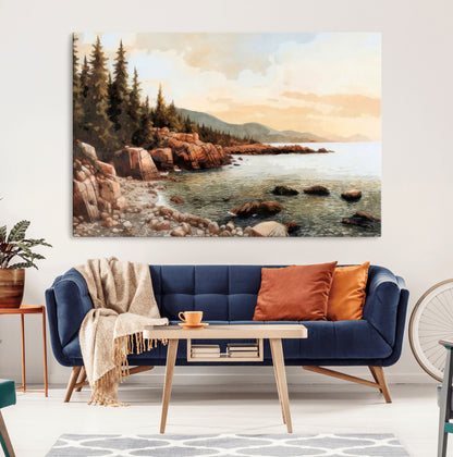 77145-MGV-CV-36X24-Coastal Landscape Wall Art – Panoramic Rocky Shoreline and Pine Trees Canvas Print, Rustic Nature Decor for Cabin, Lodge, Office,