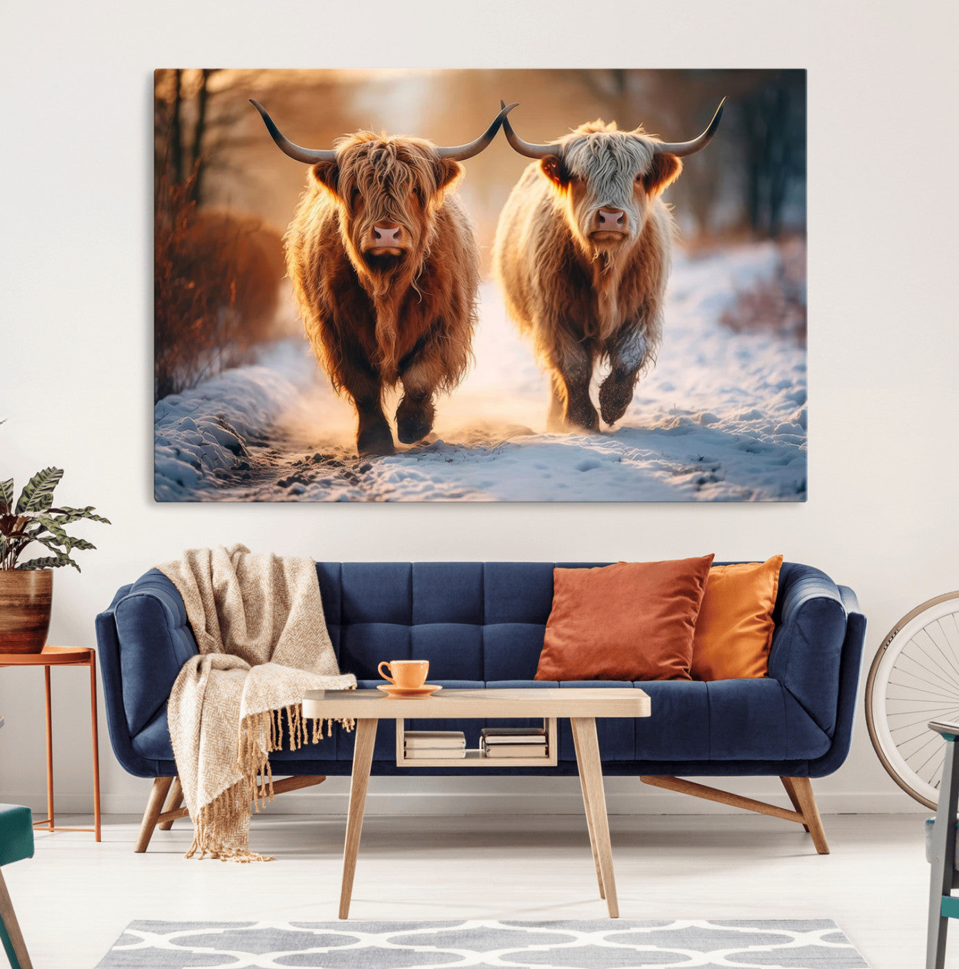 50490-MGV-CV-36X24-Highland Cow Wall Art – Rustic Panoramic Canvas Print Two Cattle Snowy Landscape, Farmhouse Country Decor for Living Room Office