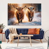 50490-MGV-CV-36X24-Highland Cow Wall Art – Rustic Panoramic Canvas Print Two Cattle Snowy Landscape, Farmhouse Country Decor for Living Room Office
