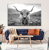 52903-MGV-CV-36X24-Highland Cow Wall Art – Black and White Canvas Print Rustic Cattle Portrait, Farmhouse Country Decor for Living Room, Office,