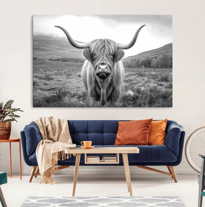 52903-MGV-CV-36X24-Highland Cow Wall Art – Black and White Canvas Print Rustic Cattle Portrait, Farmhouse Country Decor for Living Room, Office,