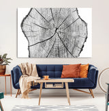 98709-MGV-CV-36X24-Tree Ring Wall Art – Black and White Canvas Print Rustic Wood Cross Section, Minimal Nature Inspired Decor for Living Room,