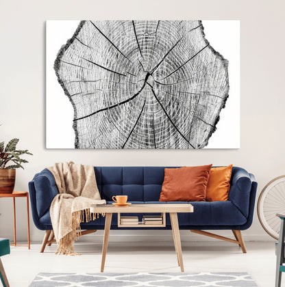 98709-MGV-CV-36X24-Tree Ring Wall Art – Black and White Canvas Print Rustic Wood Cross Section, Minimal Nature Inspired Decor for Living Room,
