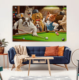 34228-MGV-CV-36X24-Dogs Playing Pool Wall Art Canvas Print, Framed Funny Dog Art Picture Print, Dog Perfect Game Room Decor Artwork