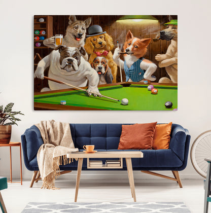 34228-MGV-CV-36X24-Dogs Playing Pool Wall Art Canvas Print, Framed Funny Dog Art Picture Print, Dog Perfect Game Room Decor Artwork