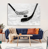 82900-MGV-CV-36X24-Hockey Wall Art – Black and White Canvas Print Ice Rink Sticks Puck Sports Photography, Modern Decor for Game Room, Man Cave,