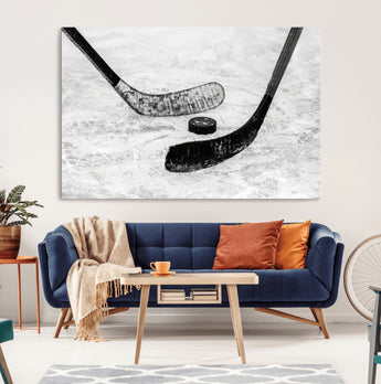 82900-MGV-CV-36X24-Hockey Wall Art – Black and White Canvas Print Ice Rink Sticks Puck Sports Photography, Modern Decor for Game Room, Man Cave,