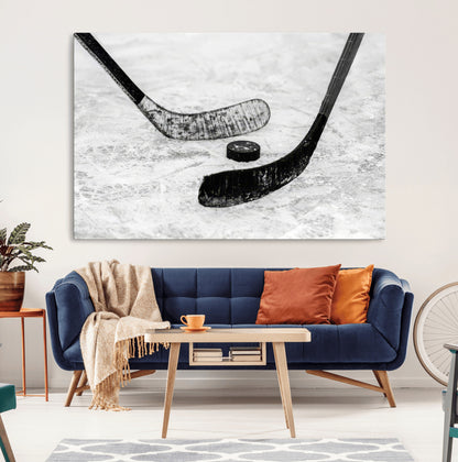 82900-MGV-CV-36X24-Hockey Wall Art – Black and White Canvas Print Ice Rink Sticks Puck Sports Photography, Modern Decor for Game Room, Man Cave,