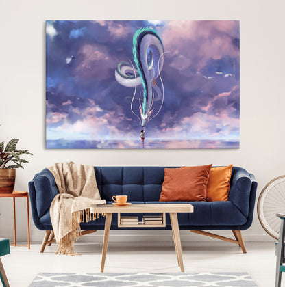 66864-MGV-CV-36X24-Fantasy Dragon Wall Art – Mystical Canvas Print Girl and Sky Serpent Dreamlike Clouds, Magical Anime Inspired Decor for Living