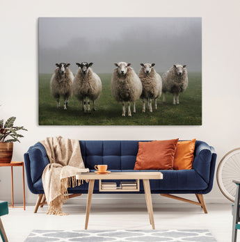 87339-MGV-CV-36X24-Sheep Wall Art – Rustic Farmhouse Canvas Print Flock Standing Misty Field Countryside Photography, Country Animal Decor for Living