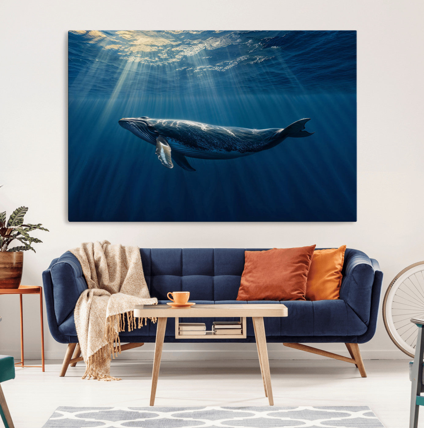 18052-MGV-CV-36X24-Whale Wall Art – Majestic Ocean Canvas Print Marine Life Underwater Sunlight Scene, Nautical Coastal Decor for Living Room,