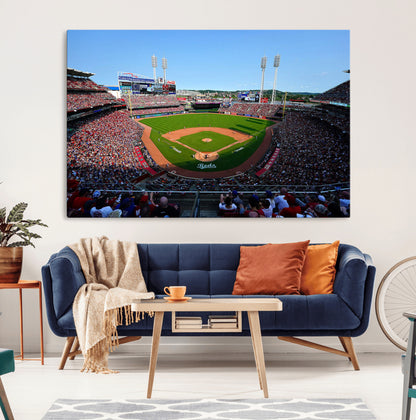 90998-MGV-CV-36X24-Baseball Stadium Wall Art – Canvas Print Day Game Field Packed Crowd Bright Blue Sky Sports Photography, Classic Decor for Game