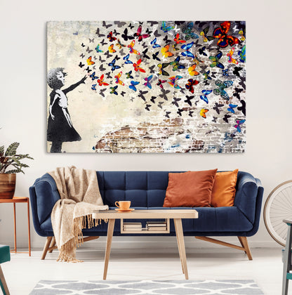 97895-MGV-CV-36X24-Girl with Butterflies Wall Art – Colorful Street Art Style Canvas Print, Modern Graffiti-Inspired Butterfly Artwork for Living