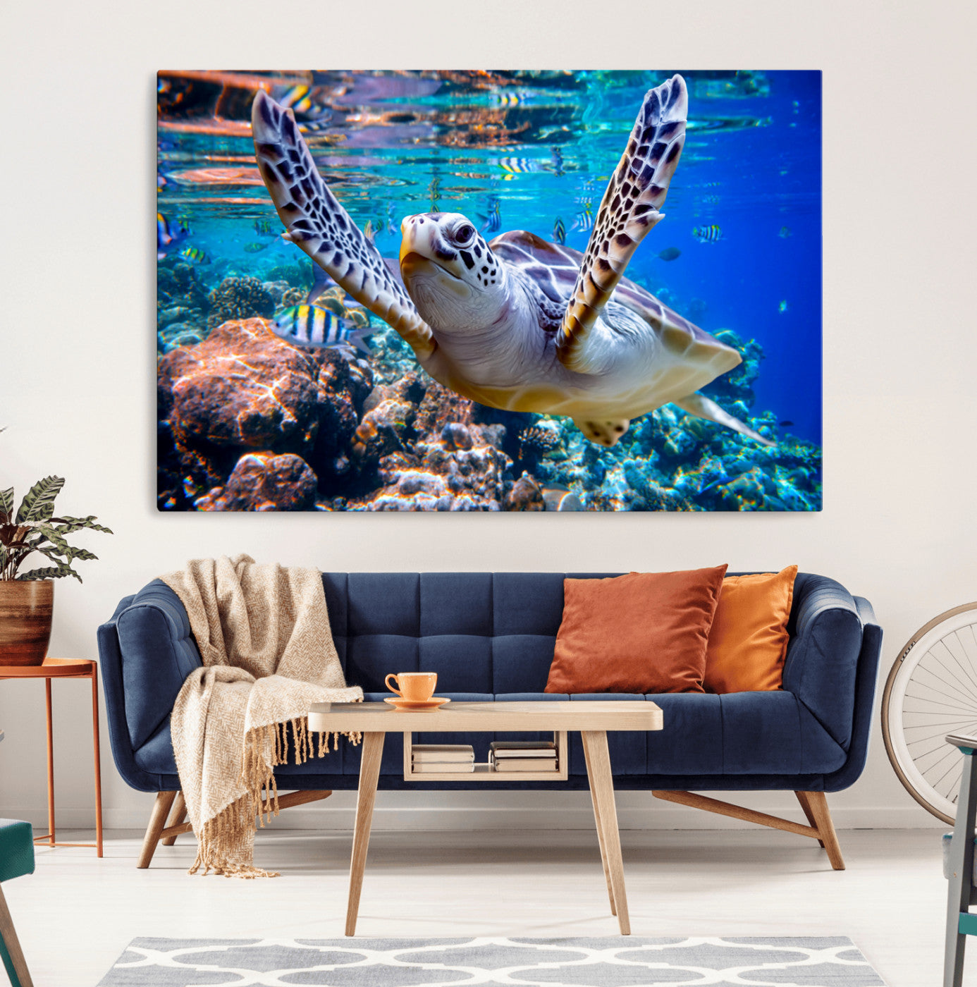 12683-MGV-CV-36X24-Sea Turtle Wall Art – Graceful Ocean Canvas Print with Coral Reef and Tropical Fish, Coastal Marine Life Decor for Beach House,