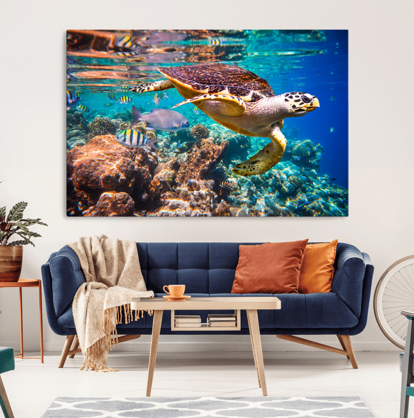 66614-MGV-CV-36X24-Sea Turtle Wall Art – Hawksbill Turtle Swimming Over Coral Reef Canvas Print, Ocean Marine Life Decor for Beach House, Coastal