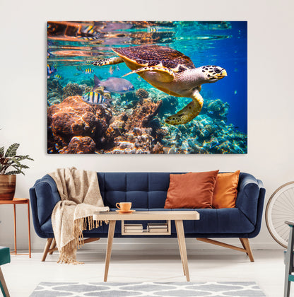 66614-MGV-CV-36X24-Sea Turtle Wall Art – Hawksbill Turtle Swimming Over Coral Reef Canvas Print, Ocean Marine Life Decor for Beach House, Coastal
