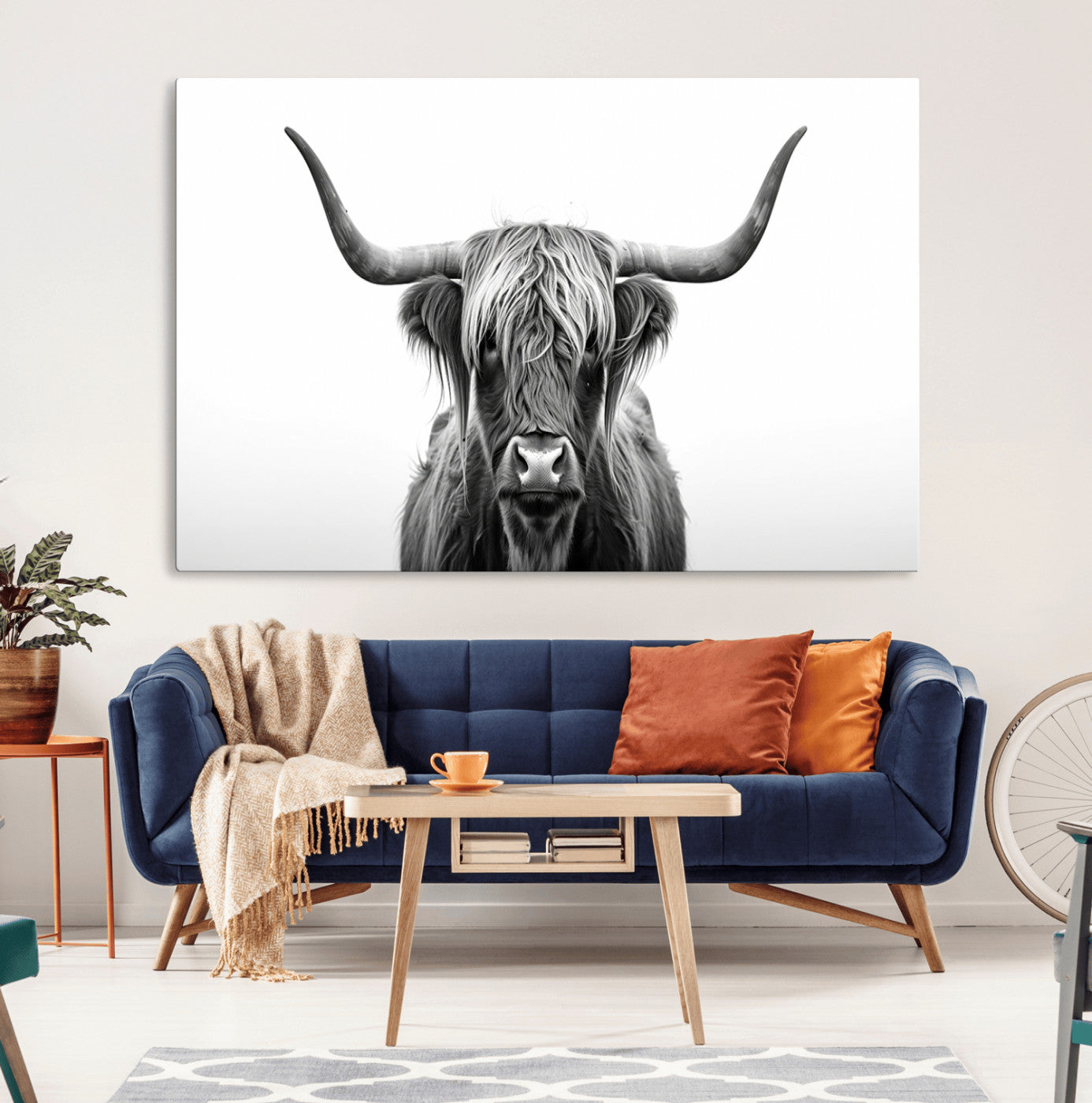 49556-MGV-CV-36X24-Highland Cow Wall Art – Black and White Scottish Highland Cattle Print, Rustic Farmhouse Minimalist Animal Portrait Canvas for