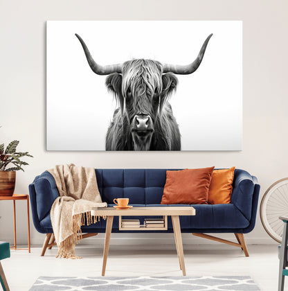 49556-MGV-CV-36X24-Highland Cow Wall Art – Black and White Scottish Highland Cattle Print, Rustic Farmhouse Minimalist Animal Portrait Canvas for