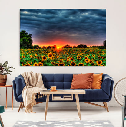 45045-MGV-CV-36X24-Sunflower Field Sunset Wall Art – Dramatic Stormy Sky Landscape Print, Vibrant Yellow Floral Nature Canvas for Living Room,