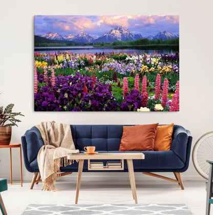 82270-MGV-CV-36X24-Colorful Wildflower Meadow Landscape Wall Art – Snow-Capped Mountain Lake Sunset Print, Vibrant Nature Artwork for Living Room,