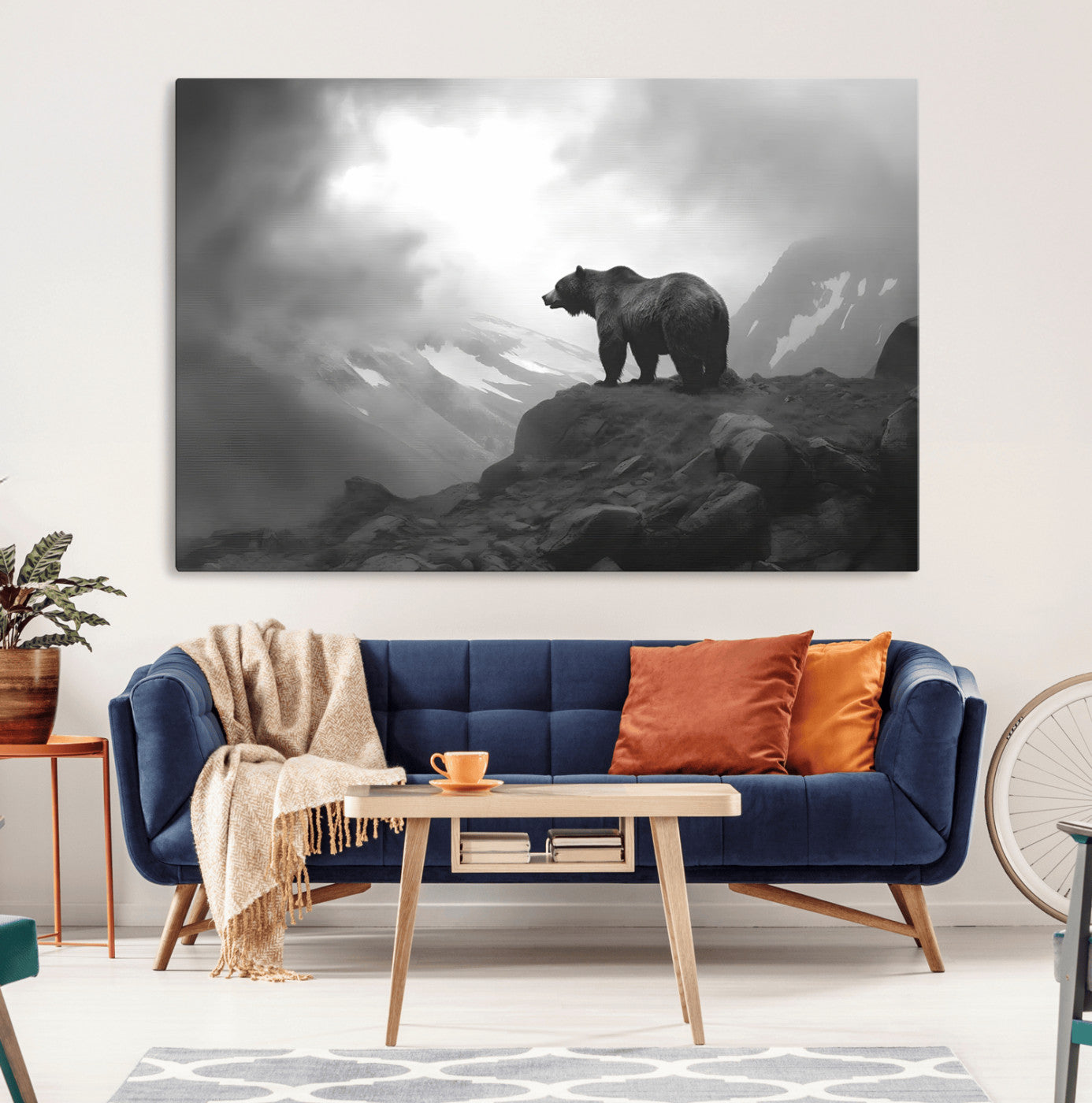 49504-MGV-CV-36X24-Black and White Grizzly Bear Wall Art – Wilderness Wildlife Painting, Rustic Mountain Cabin Decor, Monochrome Animal Print for