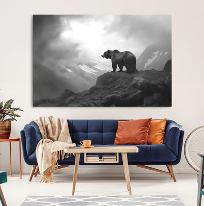 49504-MGV-CV-36X24-Black and White Grizzly Bear Wall Art – Wilderness Wildlife Painting, Rustic Mountain Cabin Decor, Monochrome Animal Print for