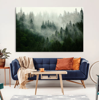 167720496-MGV-CV-36X24-Misty Forest Wall Art – Serene Evergreen Trees Canvas Print, Foggy Mountain Nature Landscape Decor for Bedroom, Living Room or